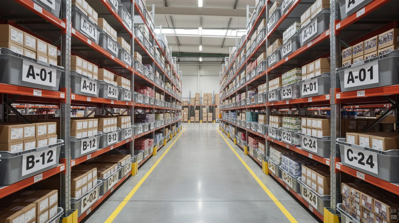 The image showcases an organized warehouse shelving system filled with clearly labeled bins and neatly stacked product boxes, highlighting an efficient kitting process for order fulfillment. This setup aids in inventory management, ensuring quick access to multiple items for creating custom kitting solutions and enhancing customer satisfaction.