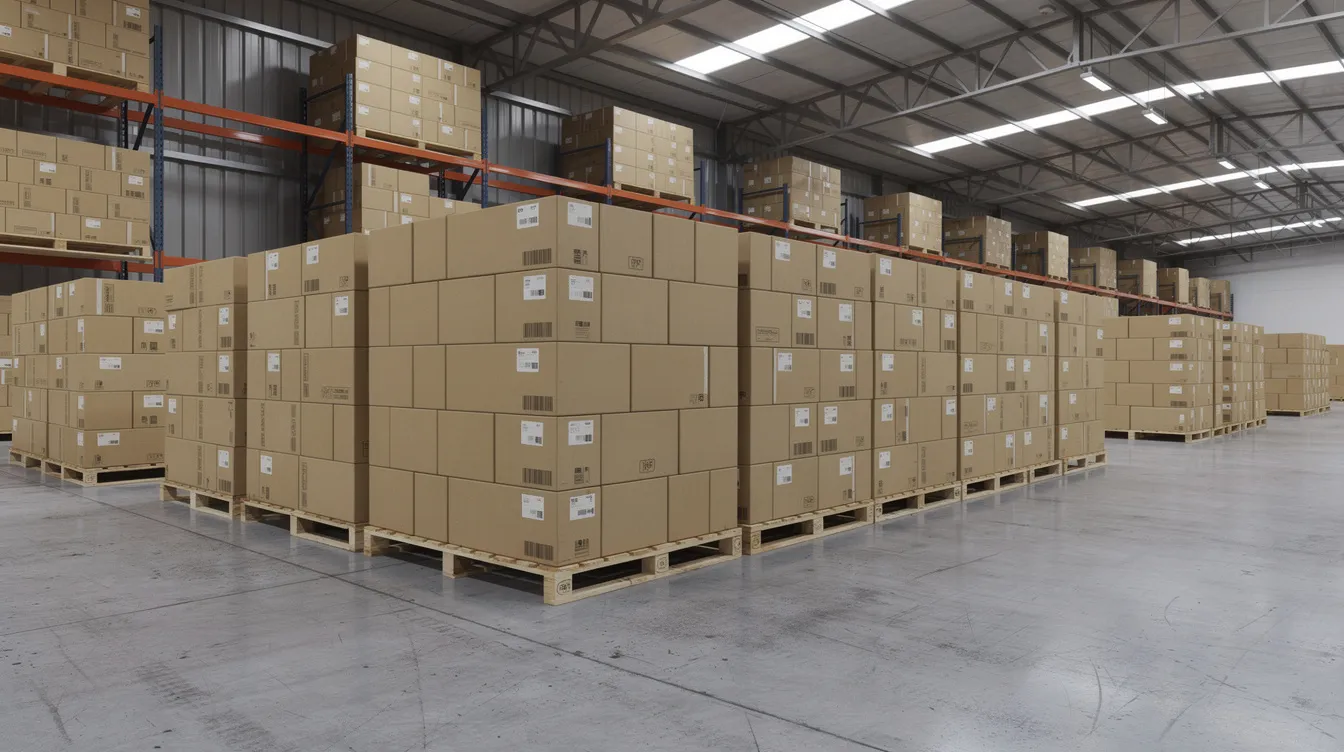 The image shows a large warehouse filled with stacked cardboard shipping boxes resting on wooden pallets, illustrating the logistics and supply chain operations essential for efficient inventory management. This setting highlights the importance of electronic data interchange (EDI) in streamlining the exchange of critical business documents among trading partners.