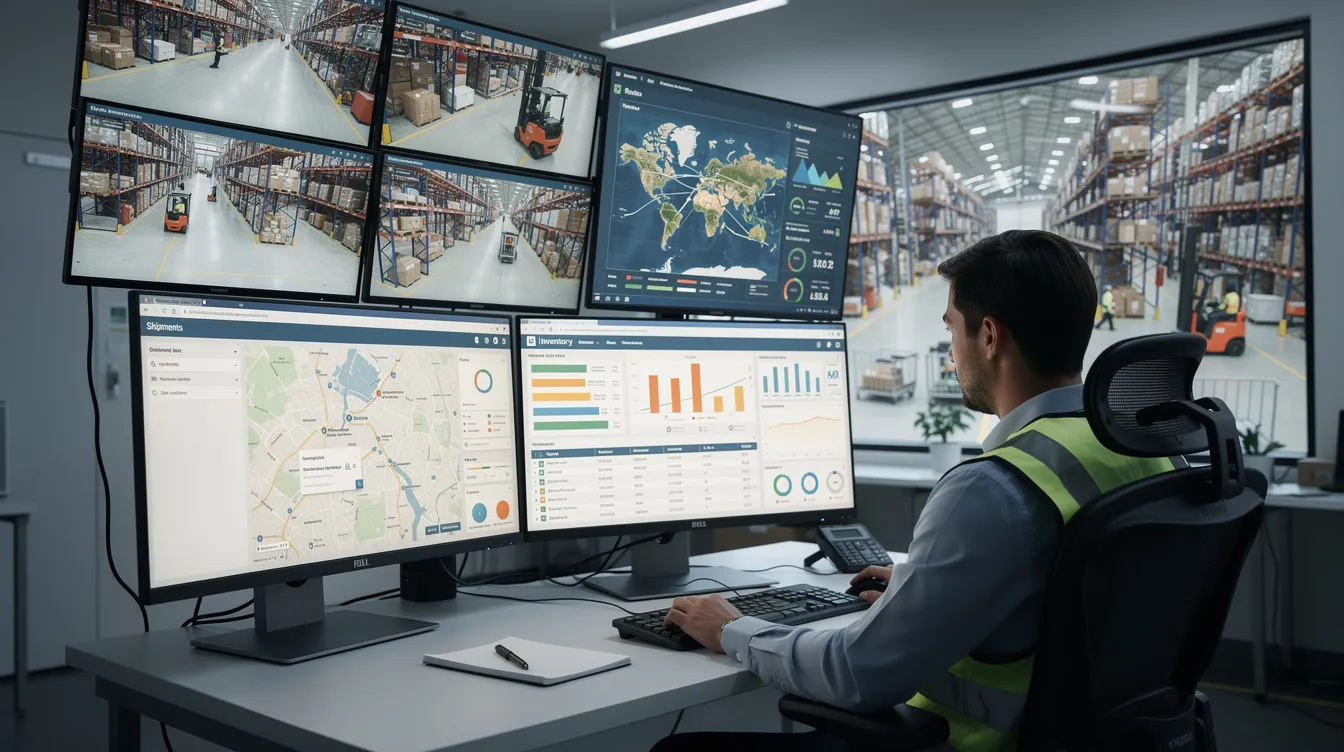 A logistics professional is seated at a computer monitor in a modern warehouse control room, focusing on electronic data interchange (EDI) processes to manage critical business documents and streamline supply chain operations. The environment is equipped with advanced technology to facilitate efficient inventory management and minimize manual data entry errors.