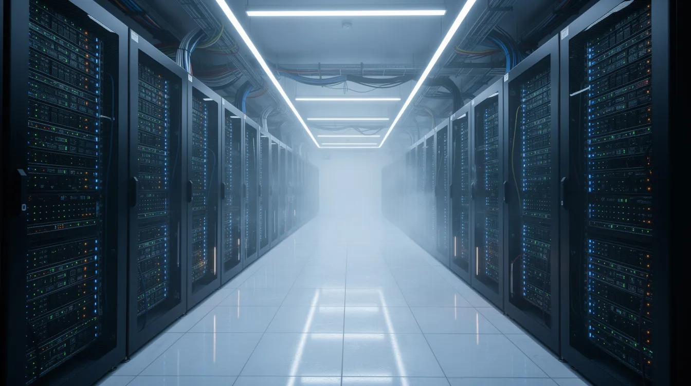 The image depicts a modern cloud data center featuring rows of sleek server racks, each adorned with blinking indicator lights that signal active operations. This environment is essential for electronic data interchange (EDI) systems, facilitating the automated exchange of critical business documents between trading partners while minimizing manual data entry errors.