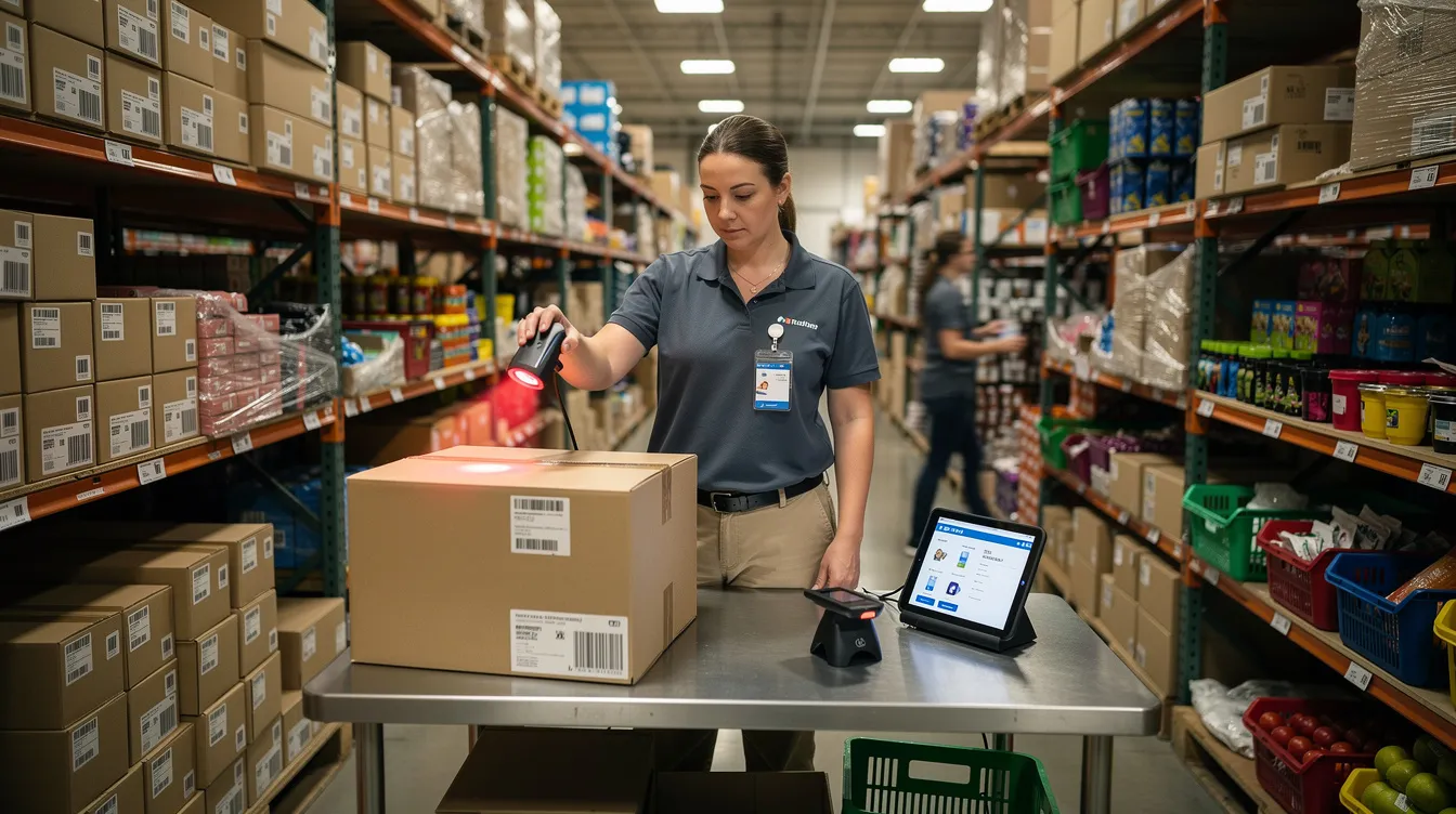 A retail worker is busy scanning barcodes on product packages in a bustling store stockroom, highlighting the importance of efficient inventory management and the role of electronic data interchange (EDI) in streamlining business processes. This scene emphasizes the transition from manual data entry to automated systems, reducing errors and enhancing supply chain operations.