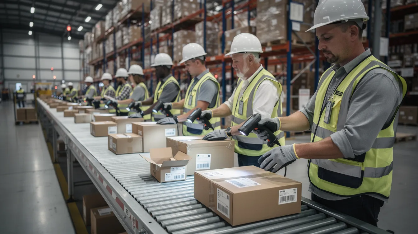 The image depicts warehouse workers using handheld scanners to verify packages on a conveyor belt, ensuring accurate order fulfillment and compliance with retailer requirements. This process helps prevent costly mistakes and chargebacks in supply chain operations by minimizing data mismatches and ensuring that all necessary EDI documents are correctly processed.