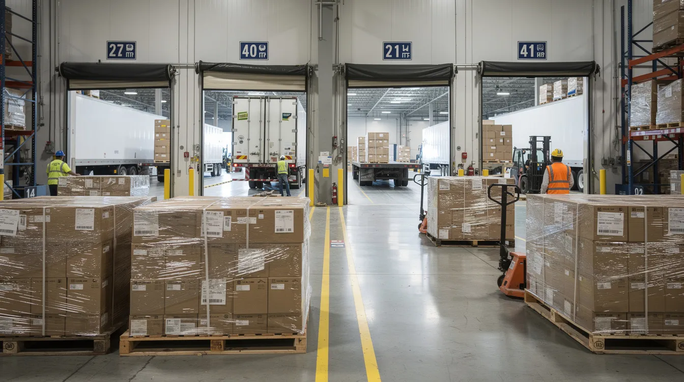 The image depicts a busy warehouse shipping dock filled with stacked pallets and cartons prepared for outbound shipment, illustrating the crucial role of efficient supply chain operations. This bustling scene highlights the importance of EDI compliance and proactive monitoring to prevent costly chargebacks and ensure timely deliveries to major retailers.