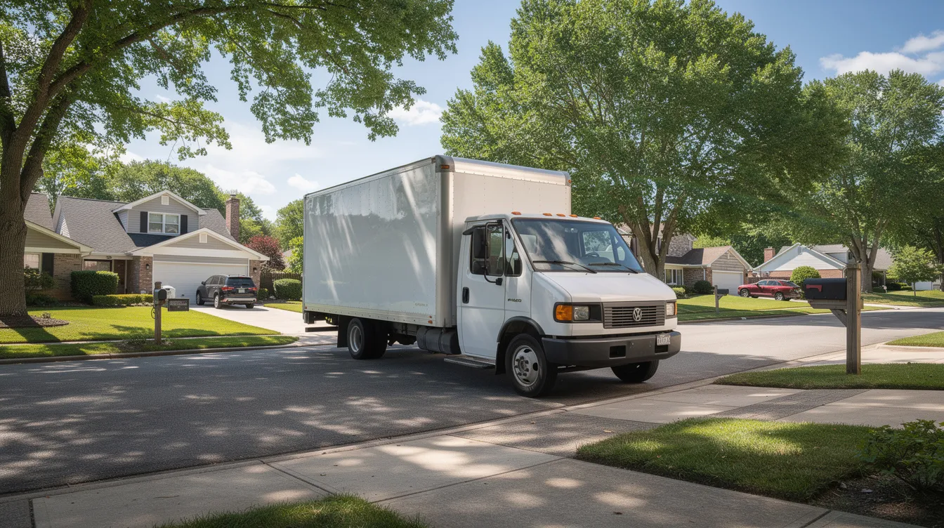A delivery truck navigates through a sunlit American suburban neighborhood, flanked by green trees lining the street, symbolizing the reliable delivery and last mile delivery essential for fulfilling customer expectations in ecommerce. This scene reflects the importance of logistics and order fulfillment in supporting businesses and their multichannel fulfillment strategies.