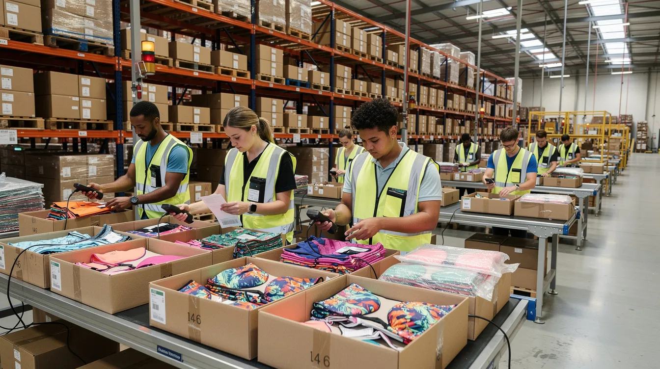 In a bustling fulfillment center, warehouse workers are meticulously inspecting and packing vibrant swimwear items into shipping boxes, ensuring they meet customer expectations for reliable delivery. This scene highlights the importance of order fulfillment and inventory management in the multichannel fulfillment process, catering to various ecommerce marketplaces.