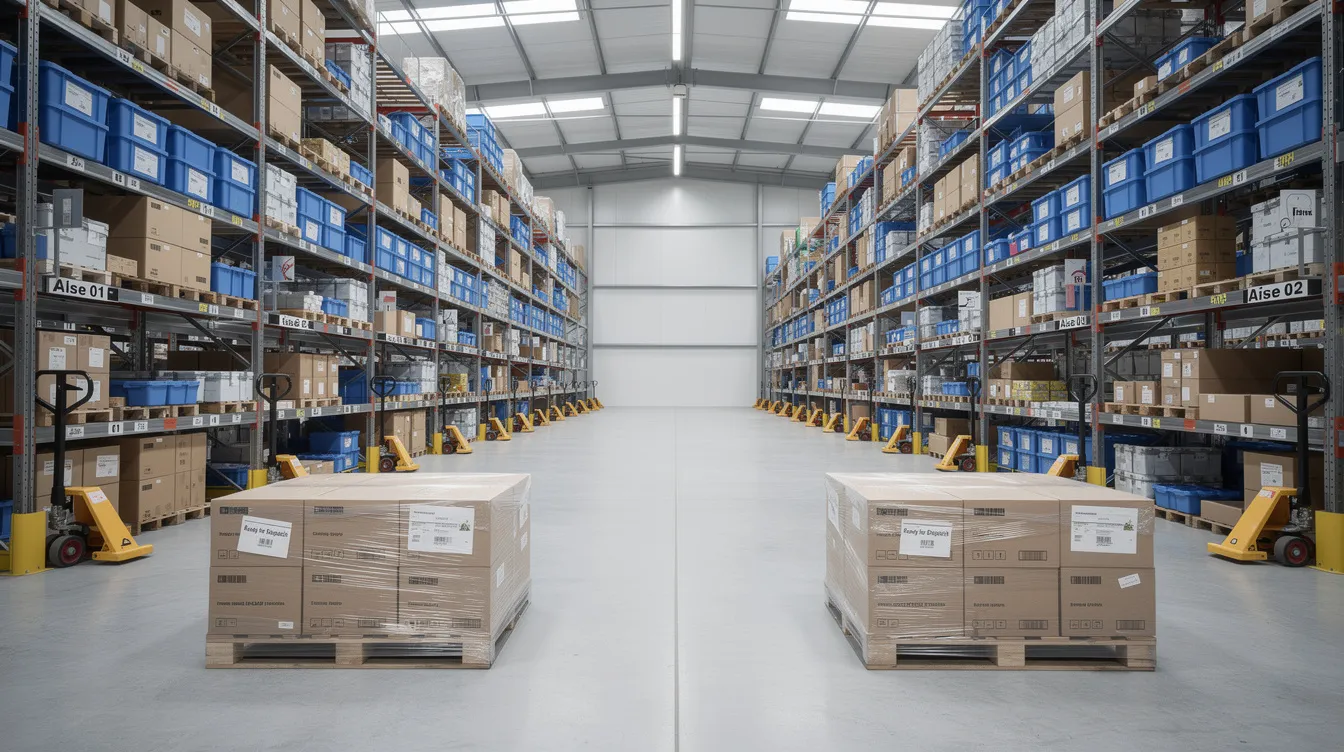 The image depicts an organized warehouse featuring neatly arranged shelving units filled with shipping boxes, all prepared for dispatch during the busy peak season. This setup highlights effective warehouse operations and inventory management, ensuring readiness to meet peak demand and enhance customer satisfaction.