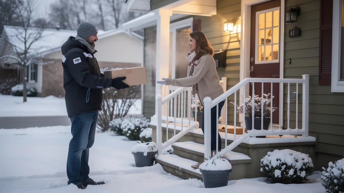 A delivery driver is handing a package to a smiling customer at a residential doorstep, showcasing a moment of customer satisfaction during the busy peak season. The winter setting adds a festive touch, emphasizing the importance of effective fulfillment operations and peak season readiness.
