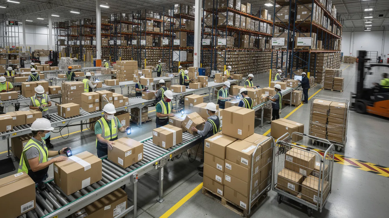 The image depicts a bustling warehouse fulfillment floor during peak season, with numerous workers efficiently processing large volumes of packages on conveyor belts. This scene highlights the importance of peak season readiness and fulfillment operations in meeting customer satisfaction and managing order volumes effectively.