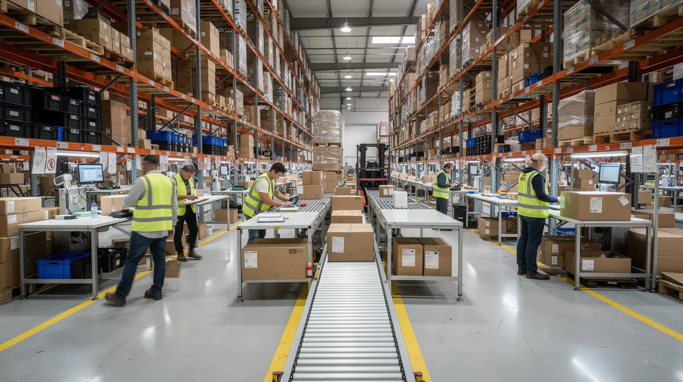 The image depicts a bustling warehouse fulfillment center where workers are actively picking and packing customer orders amidst tall shelving racks filled with inventory. This scene highlights the critical logistics operations involved in meeting peak season demand and ensuring customer satisfaction during high demand periods.