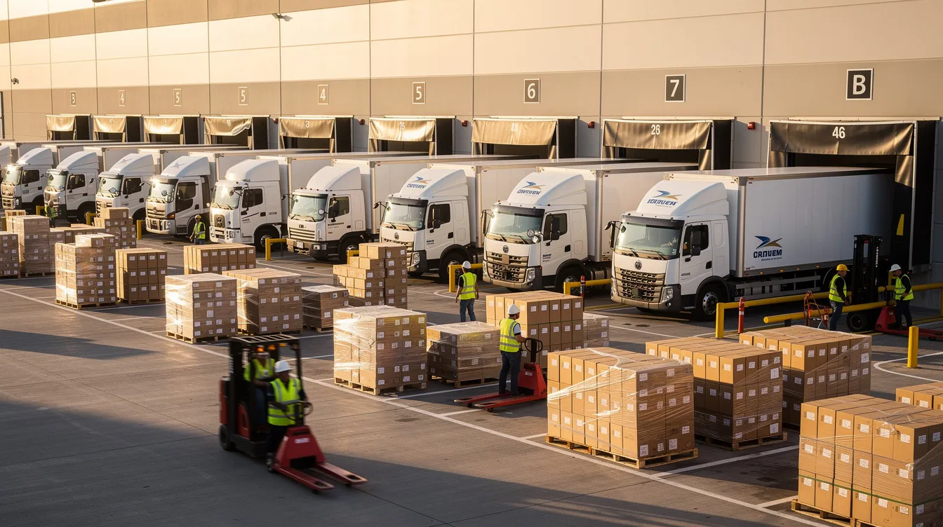 The image shows a busy warehouse loading dock with several delivery trucks lined up, ready for departure, surrounded by packages that are organized for efficient shipping. This scene highlights the operational complexity and fulfillment challenges faced by many ecommerce businesses during peak shipping periods, emphasizing the importance of effective inventory management and fulfillment operations to meet customer expectations.