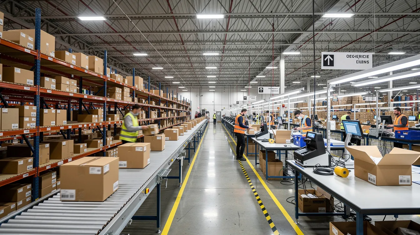 The image depicts the interior of a large fulfillment center where workers are actively picking and packing orders along conveyor systems, with packages continuously moving towards shipping stations. This dynamic environment highlights the operational complexity and efficiency required to meet the demands of ecommerce businesses while addressing common fulfillment challenges.