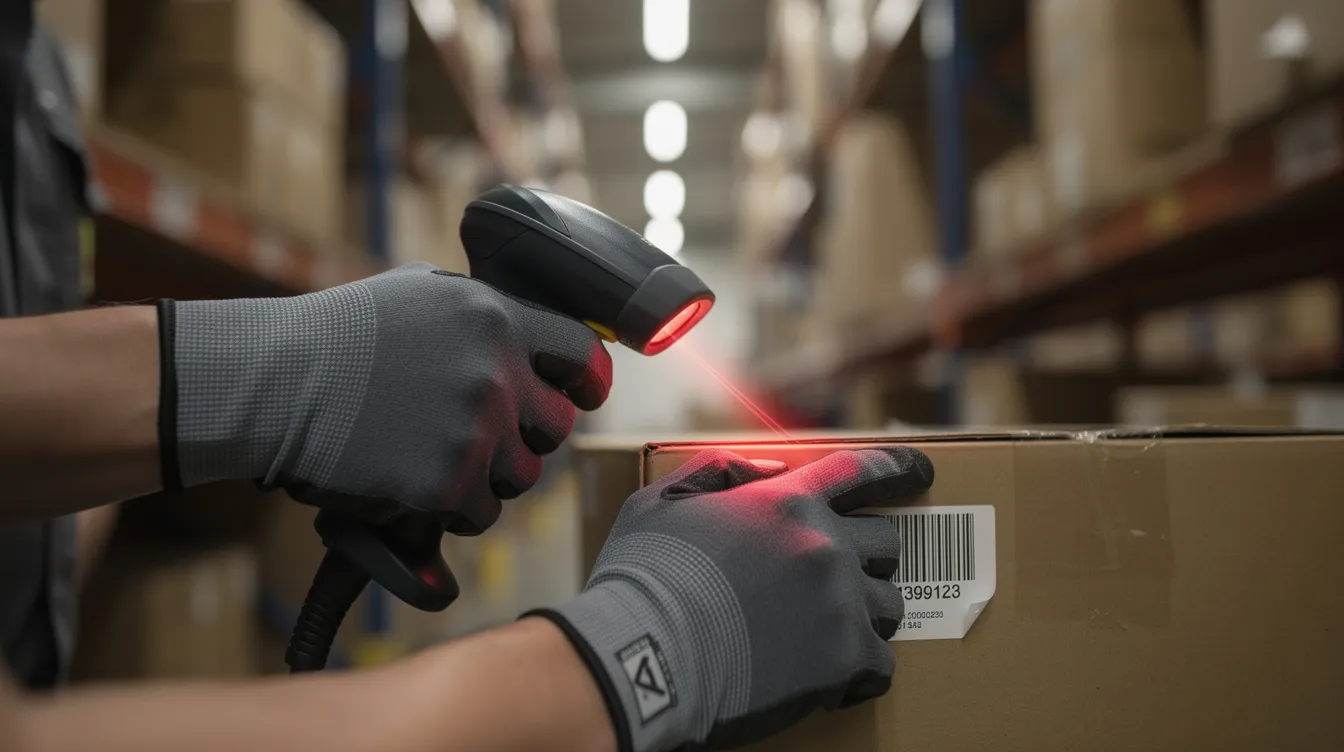 A close-up image shows a warehouse worker using a handheld barcode scanner to read a package in an aisle, highlighting the importance of real-time visibility and order accuracy during peak season demand. This advanced technology aids in efficient inventory management and order fulfillment, ensuring customer satisfaction during high demand periods.