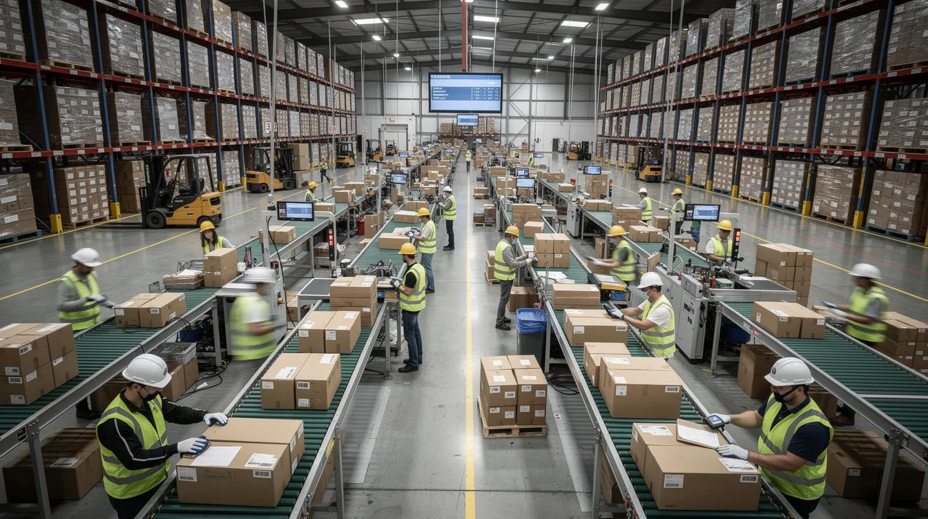 The image depicts a busy warehouse floor filled with workers efficiently moving packages along conveyor belts during peak season, showcasing a high-volume shipping day. The scene highlights the importance of effective supply chain management and order fulfillment strategies to meet customer demand during high demand periods.