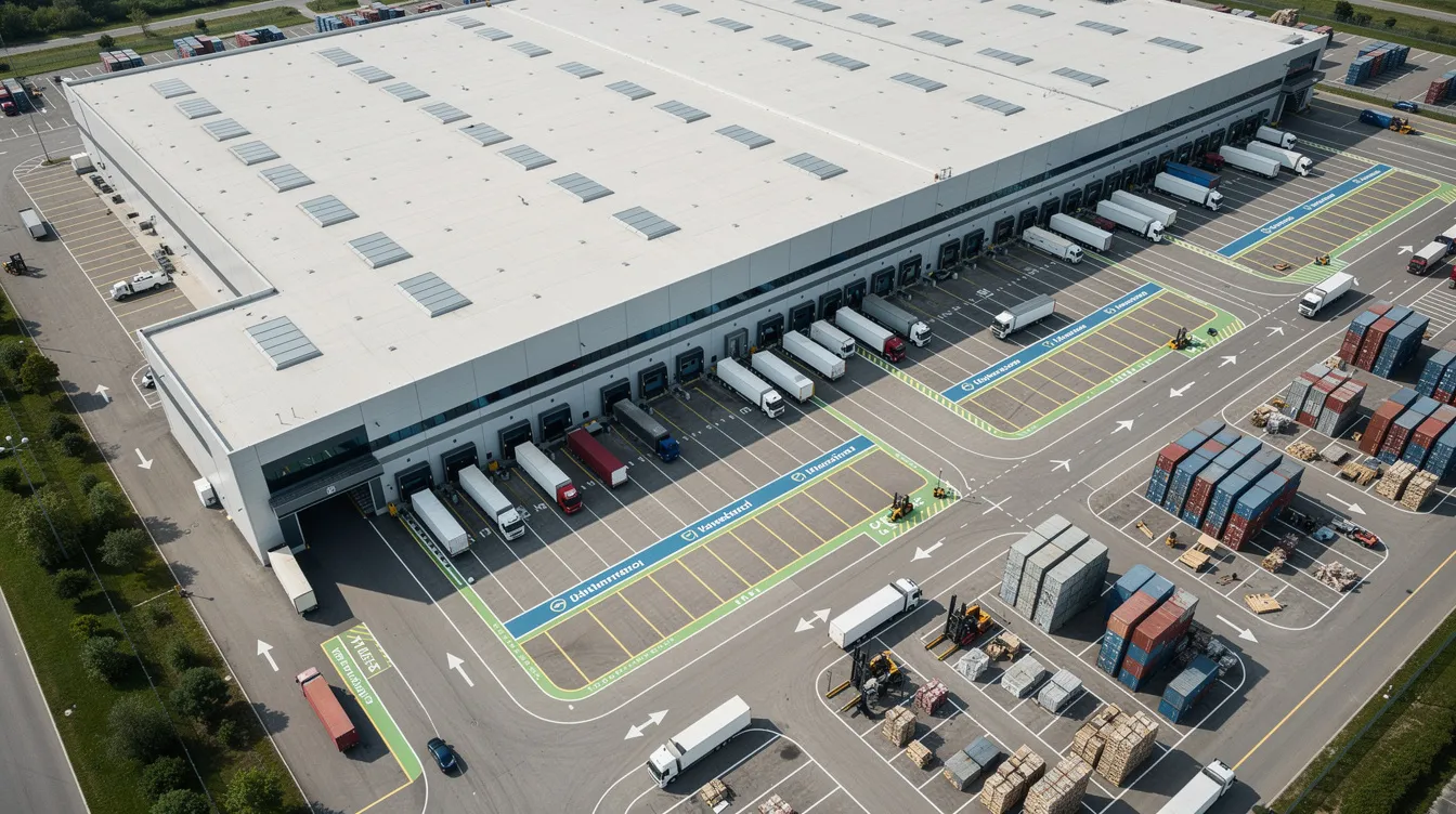 An aerial view captures a large distribution center bustling with organized shipping zones, where multiple delivery trucks are lined up at the loading docks, ready for order fulfillment. This scene reflects the importance of efficient supply chain management during peak season, as companies prepare to meet customer demand and optimize inventory levels for upcoming high demand periods.