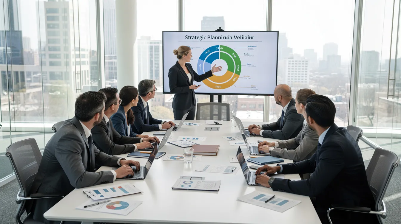 A professional team is gathered around a conference table, engaged in a strategic planning meeting with laptops and documents, focusing on key performance indicators to ensure peak season readiness and operational efficiency. The atmosphere reflects collaboration as they discuss demand forecasting and customer expectations to maintain smooth operations during high volume periods.