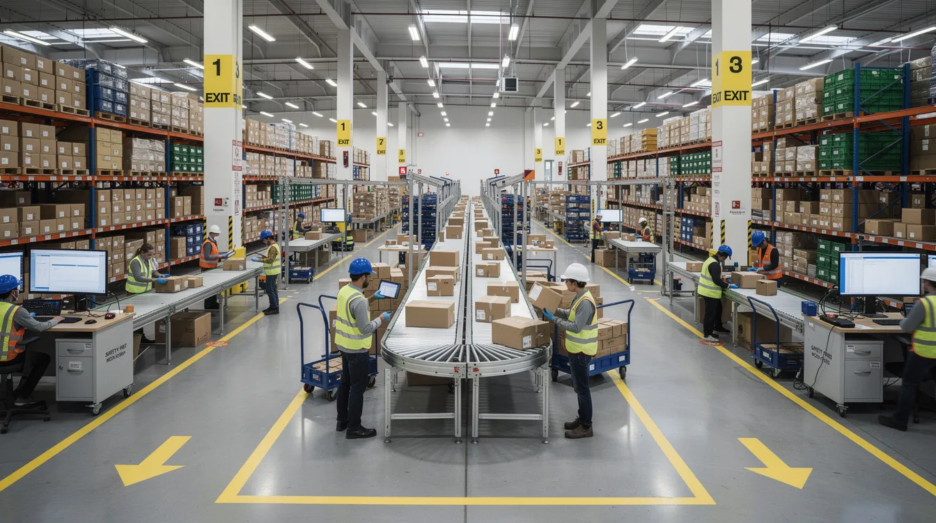 The image depicts a spacious modern warehouse interior, featuring neatly organized shelving and advanced conveyor systems, with workers efficiently processing packages. This setup highlights operational efficiency and peak season readiness, ensuring smooth operations during high demand periods.