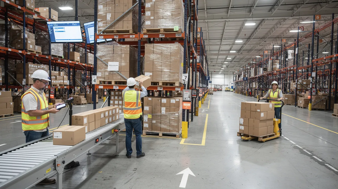 The image shows a wide view of a busy fulfillment center warehouse, where workers are actively scanning packages and organizing pallets on shelves, illustrating the dynamic environment of inventory management during peak season. This scene highlights the operational visibility and teamwork necessary for effective project management and customer service in the supply chain.