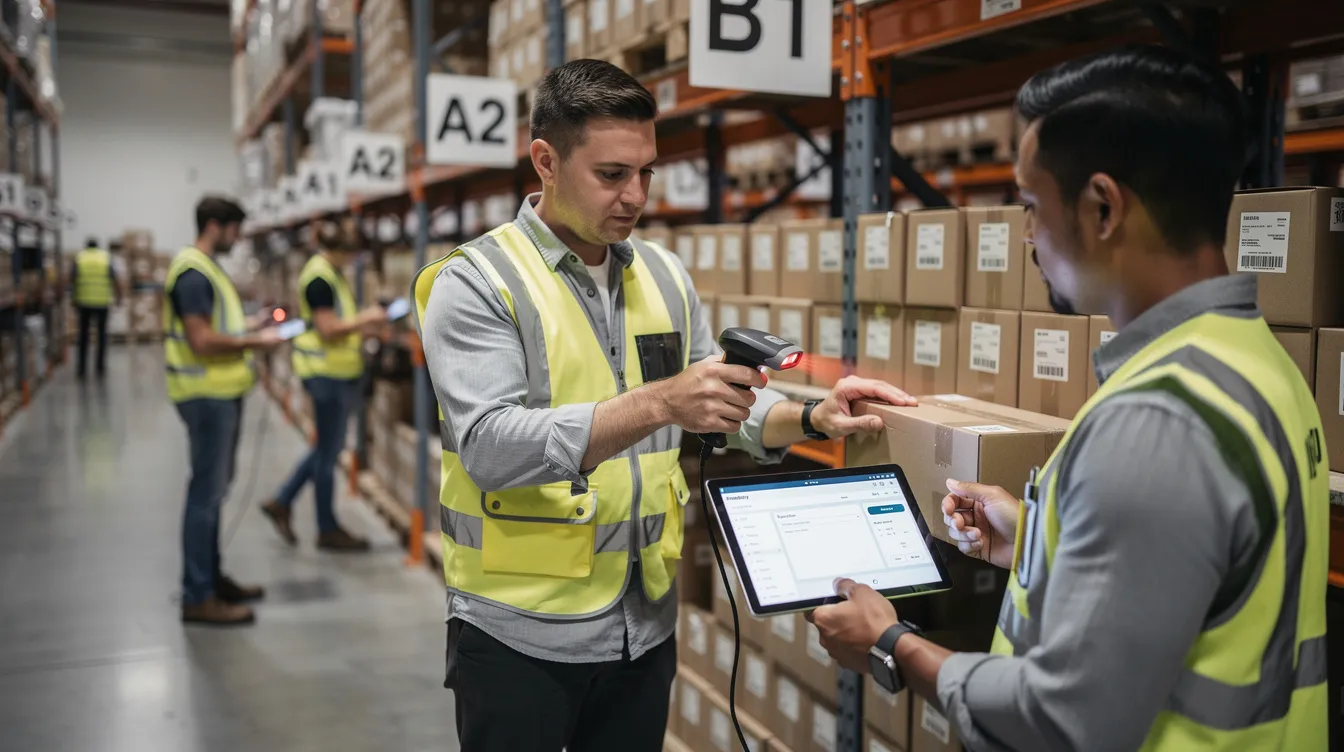 A warehouse team is conducting an inventory check using barcode scanners and tablets, surrounded by neatly organized shelving. This scene highlights the importance of effective inventory management and operational visibility, especially during peak seasons when customer expectations are high.
