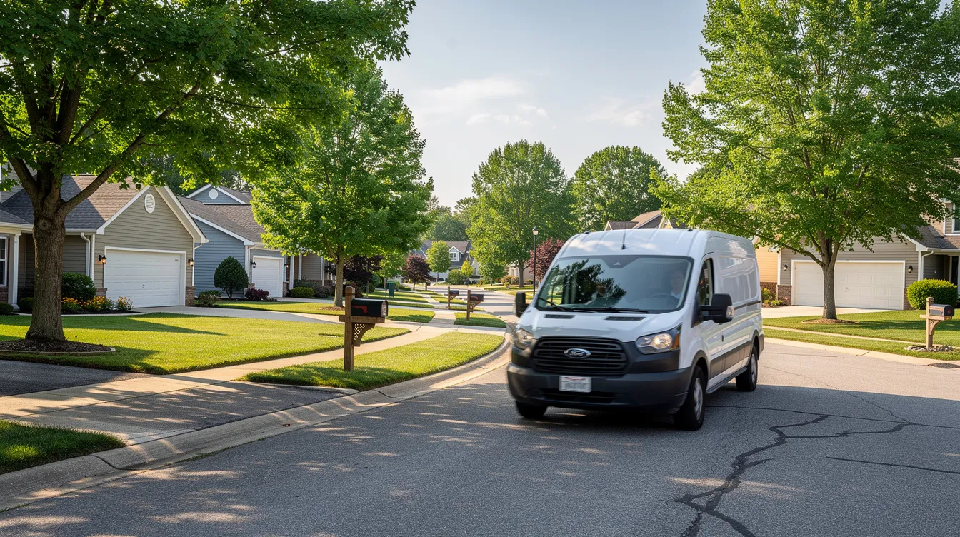 A delivery van is driving through a suburban neighborhood, surrounded by houses and green trees, representing the last mile delivery stage in the shipping process. This scene illustrates the journey of a package en route to the customer's doorstep, highlighting the importance of clear communication and tracking updates throughout the delivery timelines.