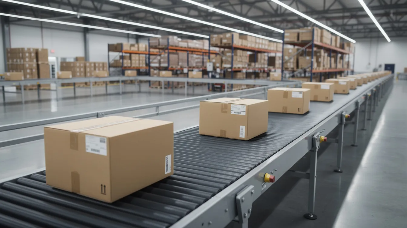 The image depicts cardboard packages moving along a conveyor belt inside a large warehouse facility, illustrating the shipping process as items are prepared for delivery. This scene is a crucial part of the logistics journey, where packages are sorted and dispatched to their final destinations, ensuring they meet customer expectations for timely delivery.