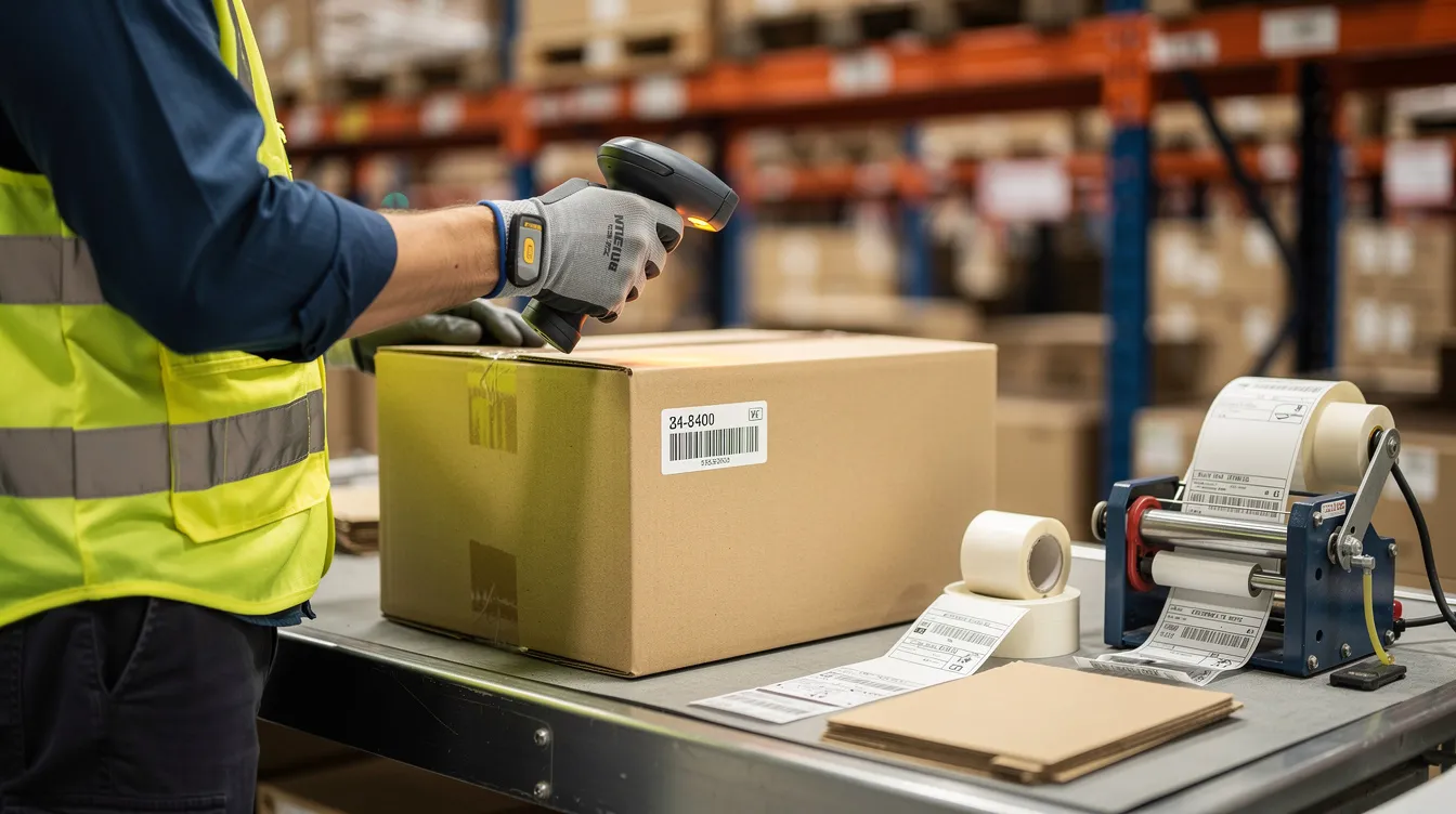 A warehouse worker is scanning a barcode on a cardboard box at a packing station, an essential step in the shipping process that ensures accurate tracking and delivery. This action is part of managing inventory and preparing packages for their final destination, contributing to clear communication and customer expectations.