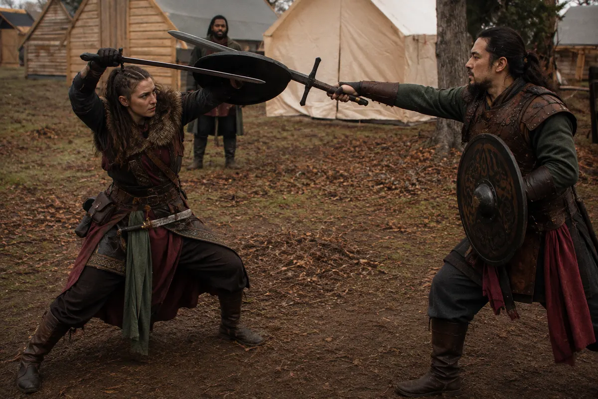 Two players sparring with foam sword and shield