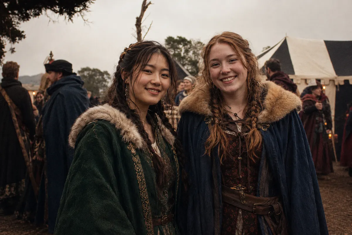 Two players in fur-trimmed cloaks at camp