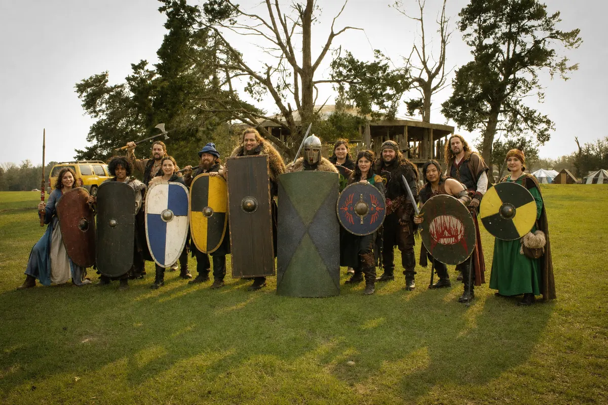 Shield wall posed across an open field