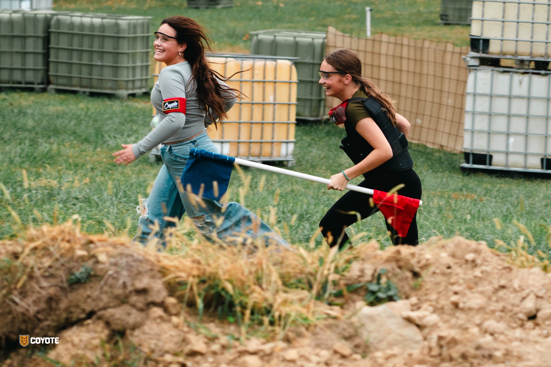 Teens playing capture the flag gellyball at Coyote Field