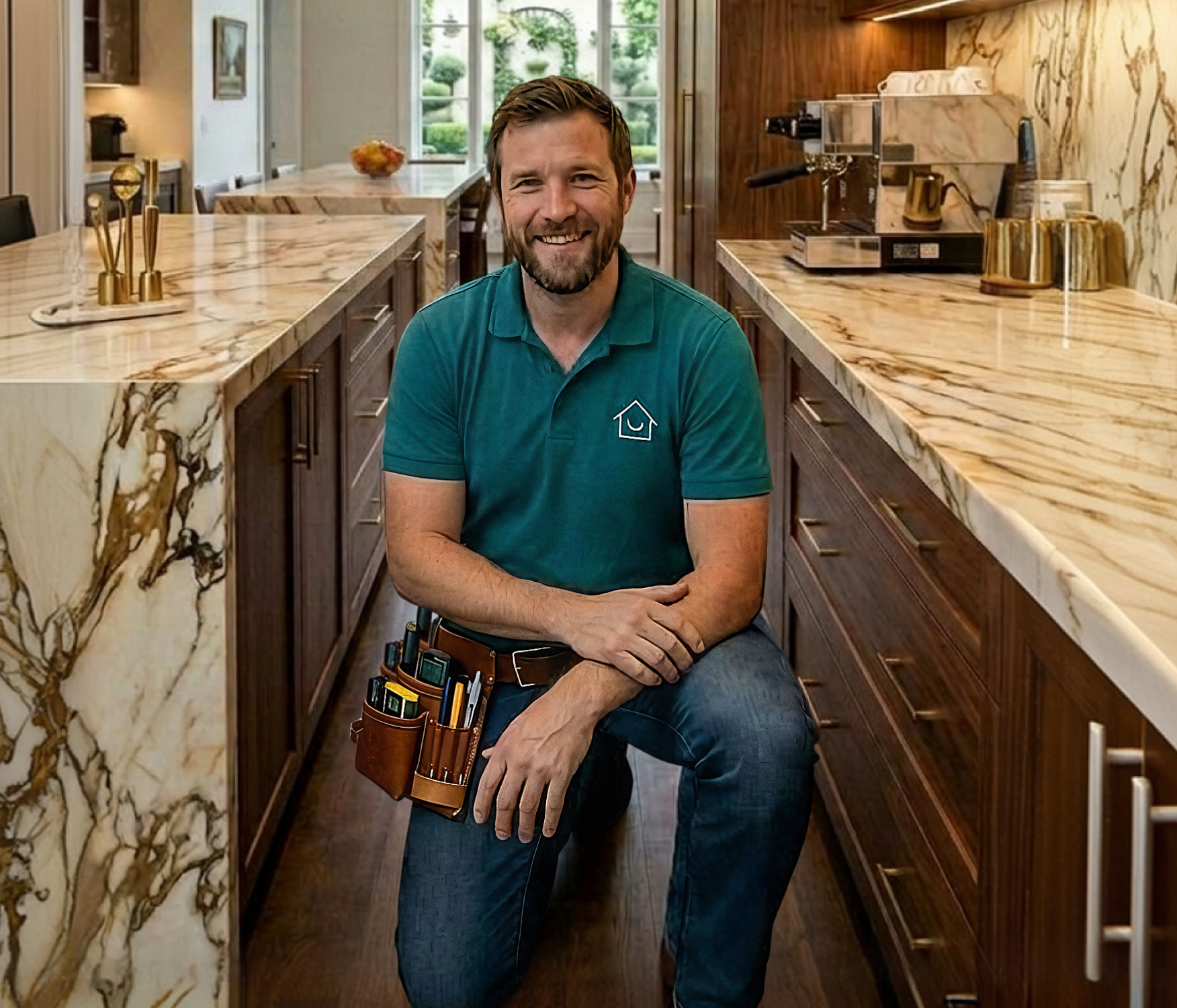 Handyman in teal Honey Homes polo in a kitchen