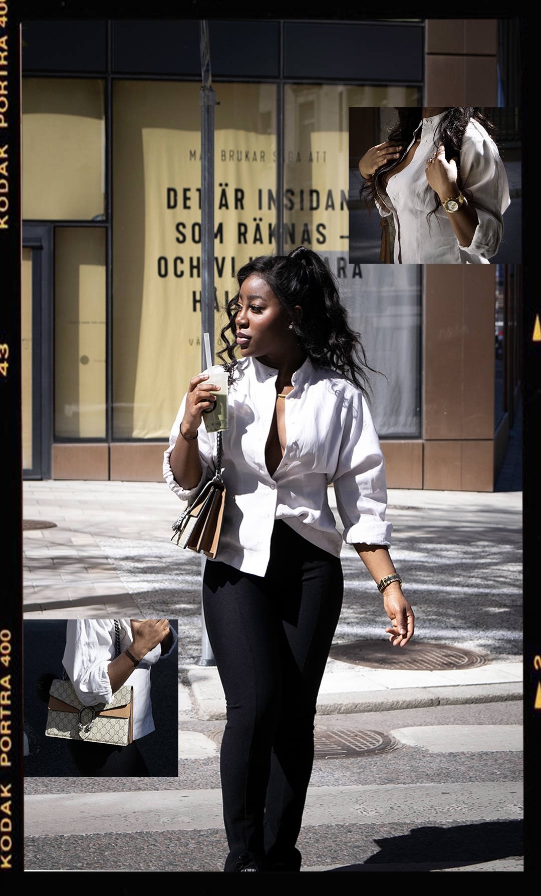 A girl walking across the road while looking away from the camera. 