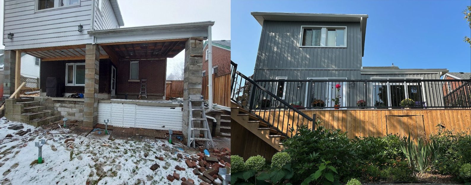Before-and-after of a Westmount exterior upgrade, from an unfinished porch to a grey-sided home with a cedar deck