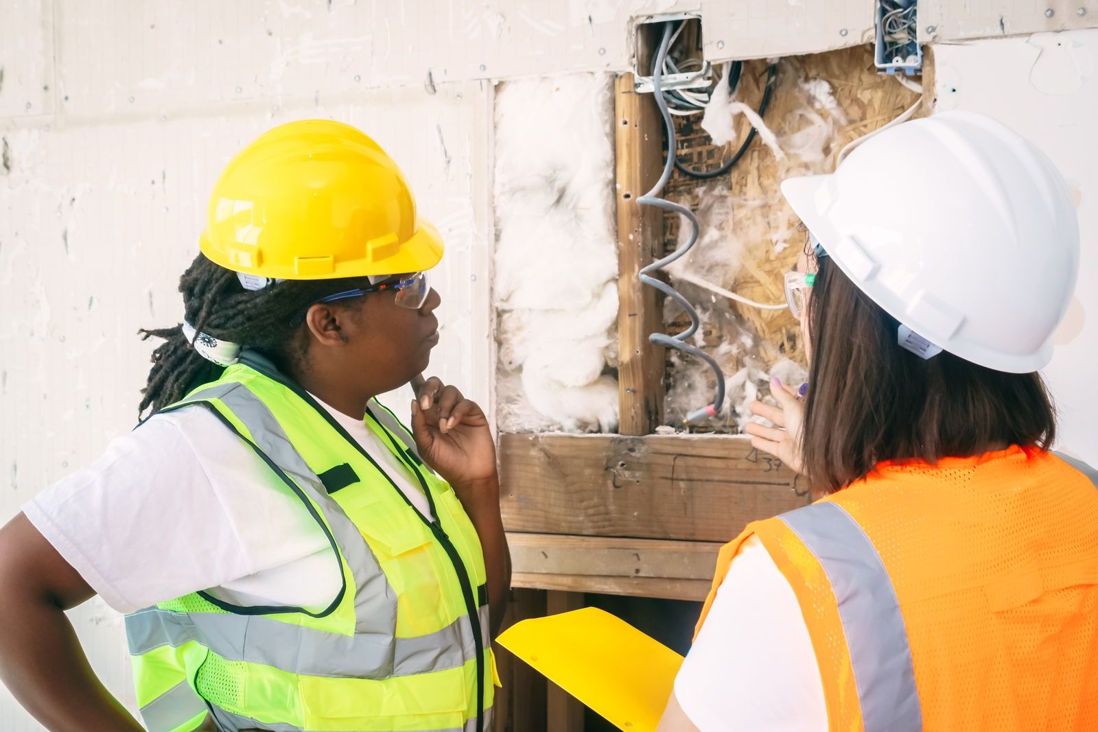 Two renovation professionals in hard hats and safety vests inspecting an opened wall with old insulation and wiring before work begins