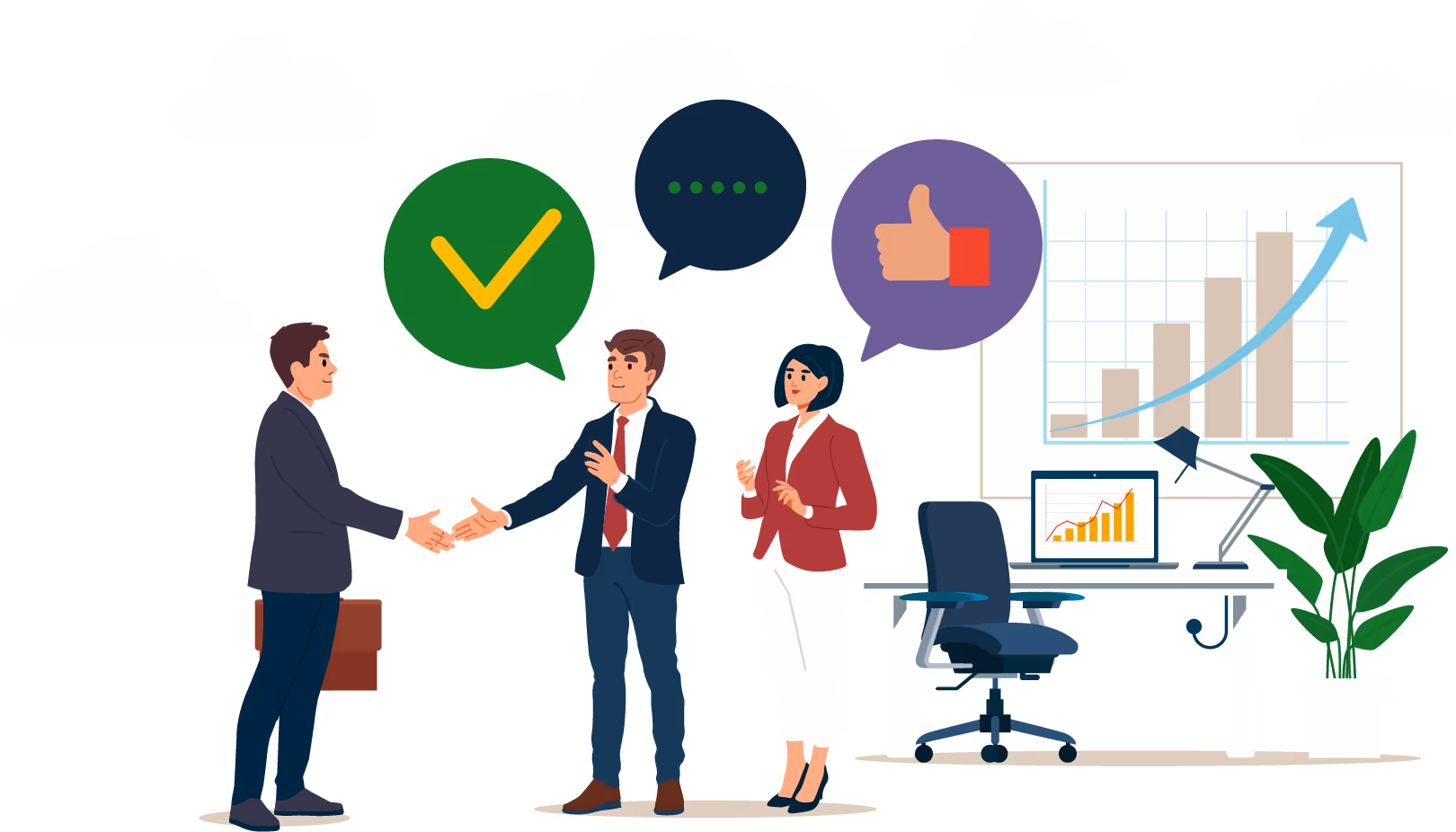 Two businessmen shaking hands beside a businesswoman with speech bubbles showing a check mark, ellipsis, and thumbs up, with a desk, office chair, and charts showing growth in the background.