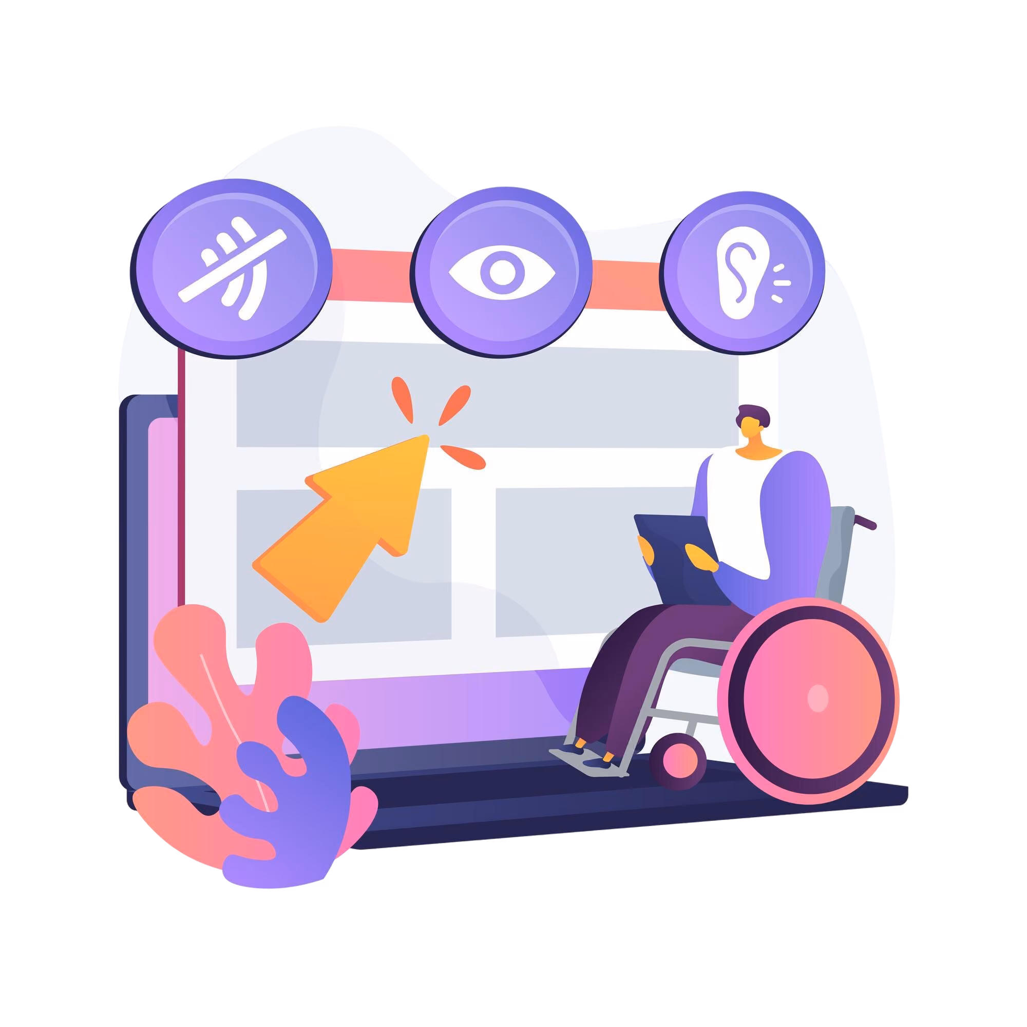 Illustration of a person in a wheelchair using a laptop with accessibility icons above the screen.