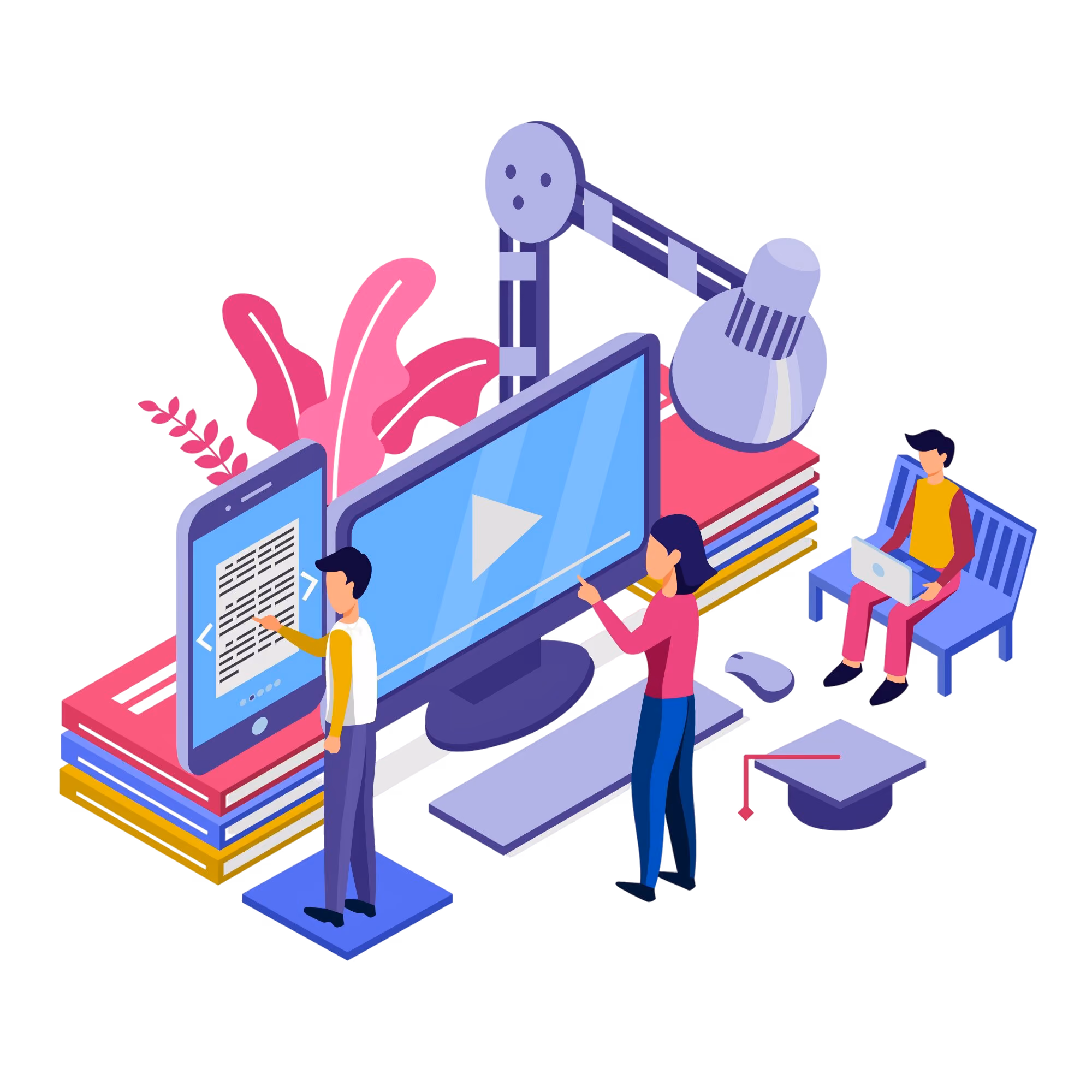 Three people engaging with digital learning on large screens, books, and laptop in an isometric style.