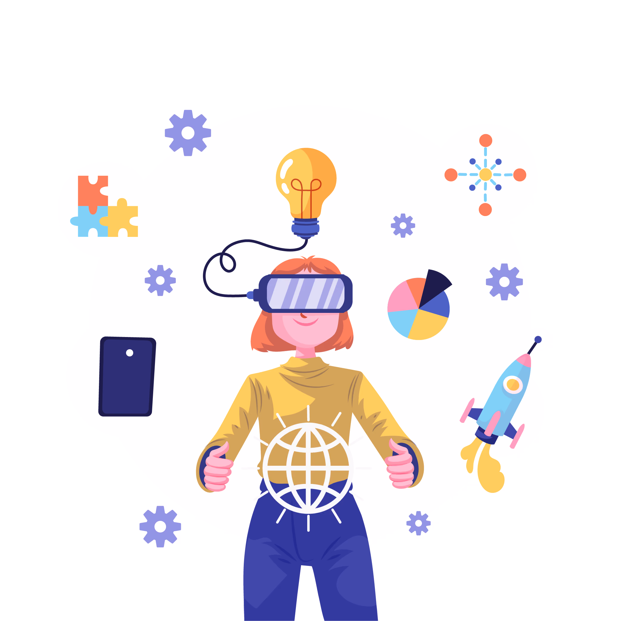 Person wearing VR headset with light bulb above and digital icons of globe, puzzle, rocket, and pie chart.