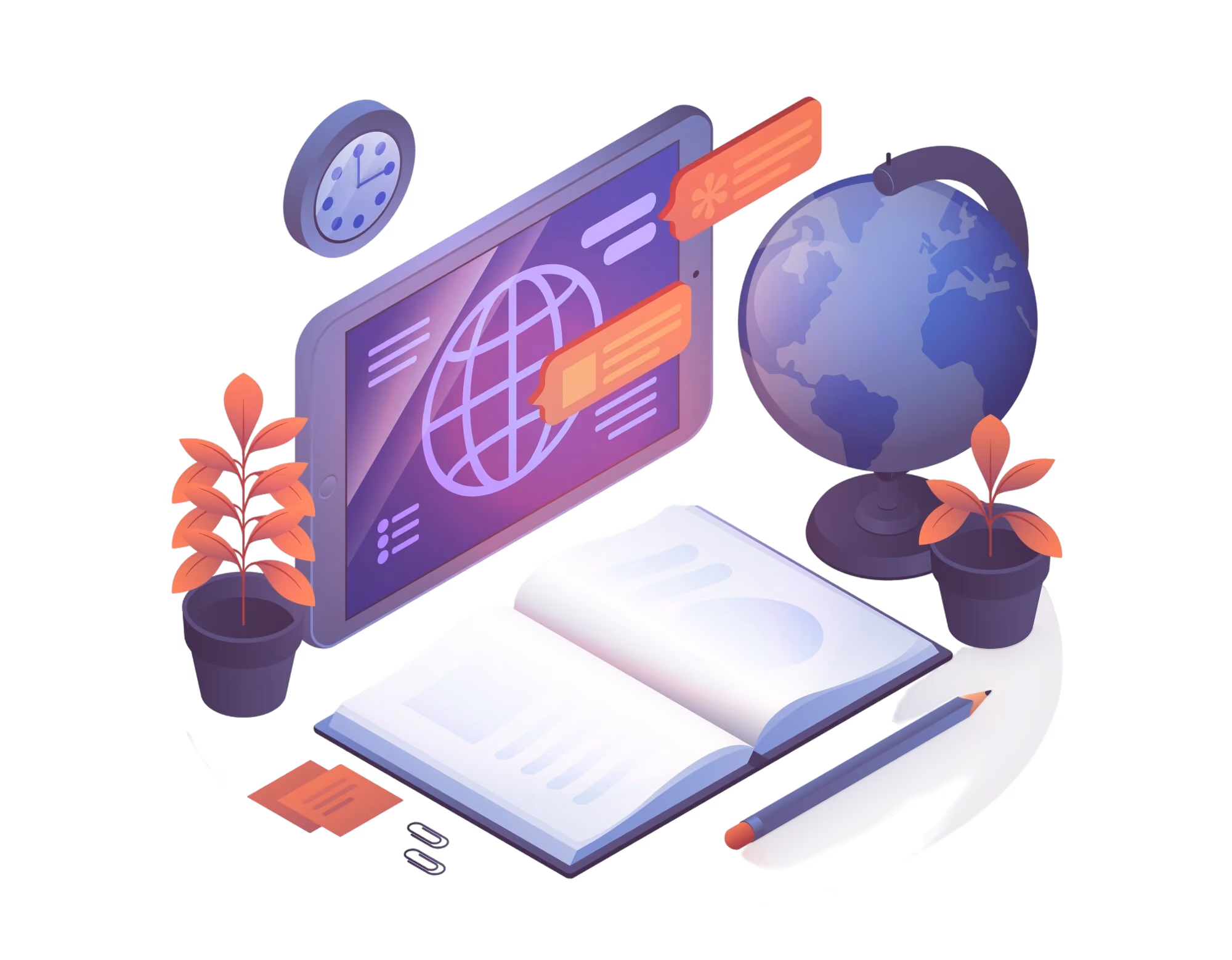 Open book, tablet showing globe, two potted plants, globe, pencil, clock, and paperclips on table.
