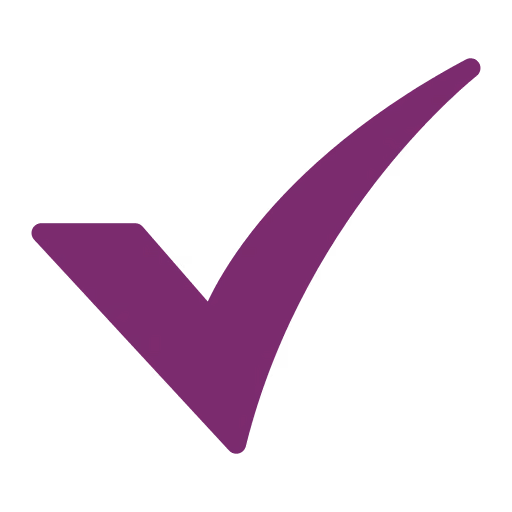 Purple check mark symbol on a white background.