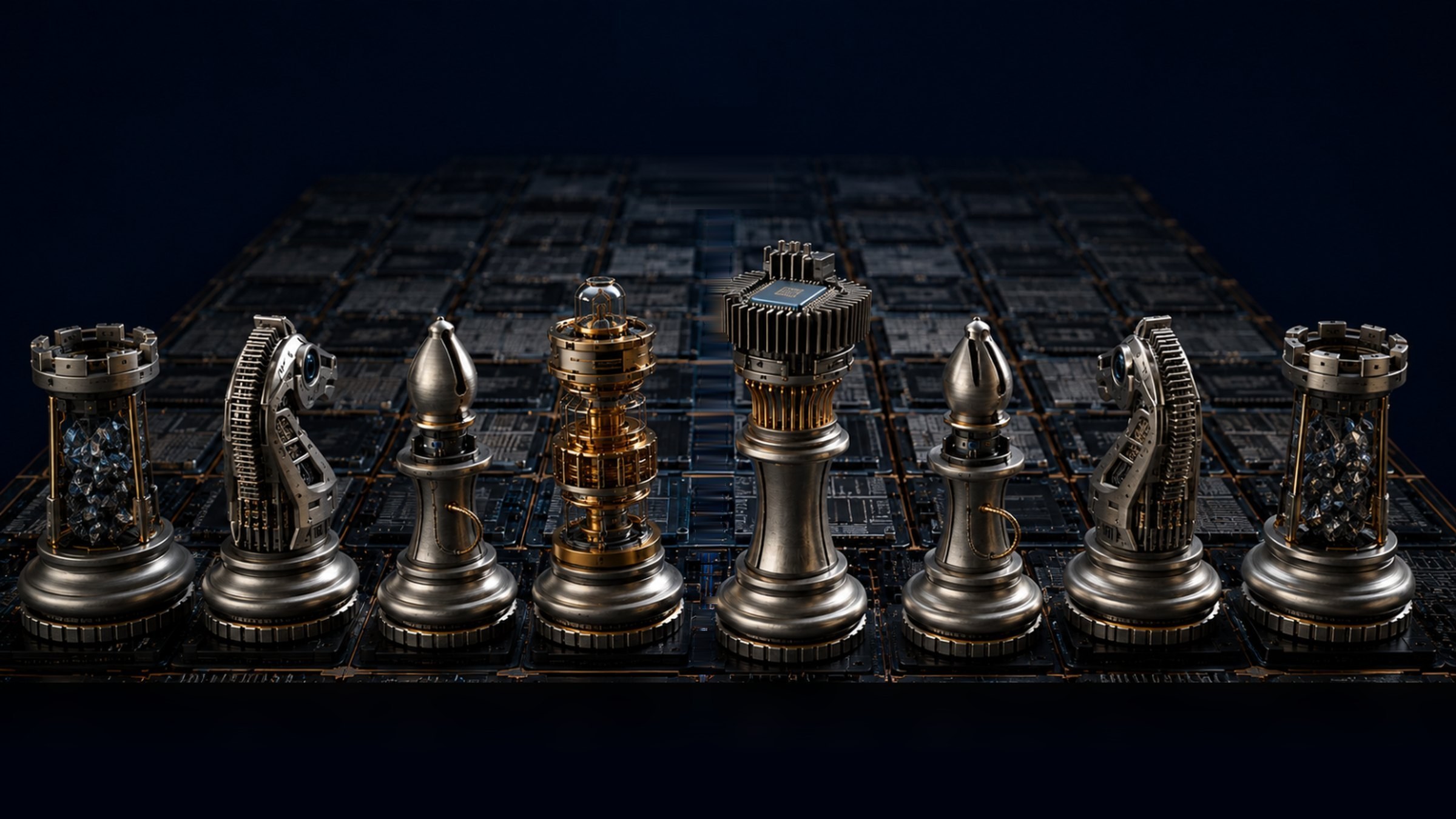 A chessboard rendered as a circuit board, with the back rank of pieces built from silicon, titanium and raw ore