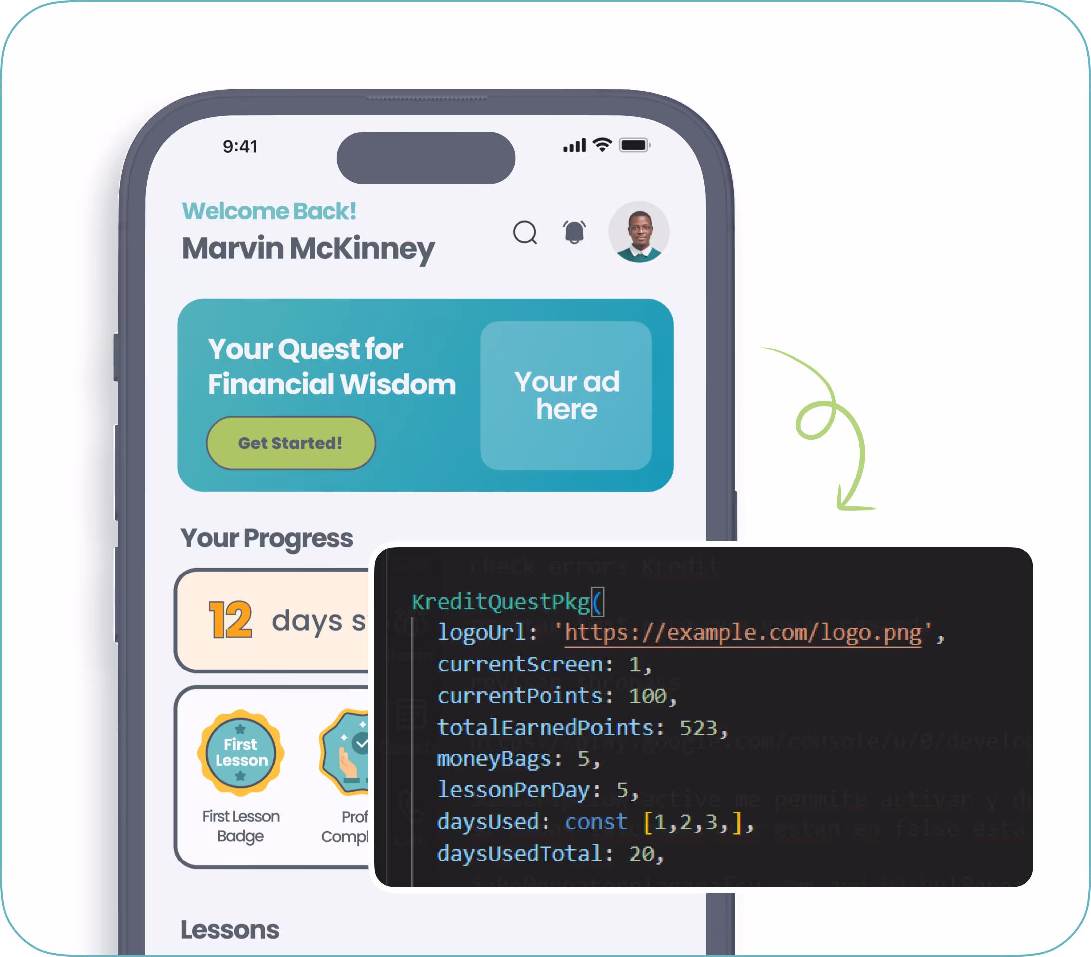 Mobile app screen showing a financial wisdom quest with progress tracking including days streak, badges earned, and a code snippet overlay.