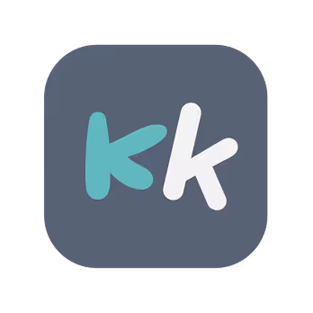 App icon with lowercase letters k and k, the first in teal and the second in white, on a rounded dark gray square background.