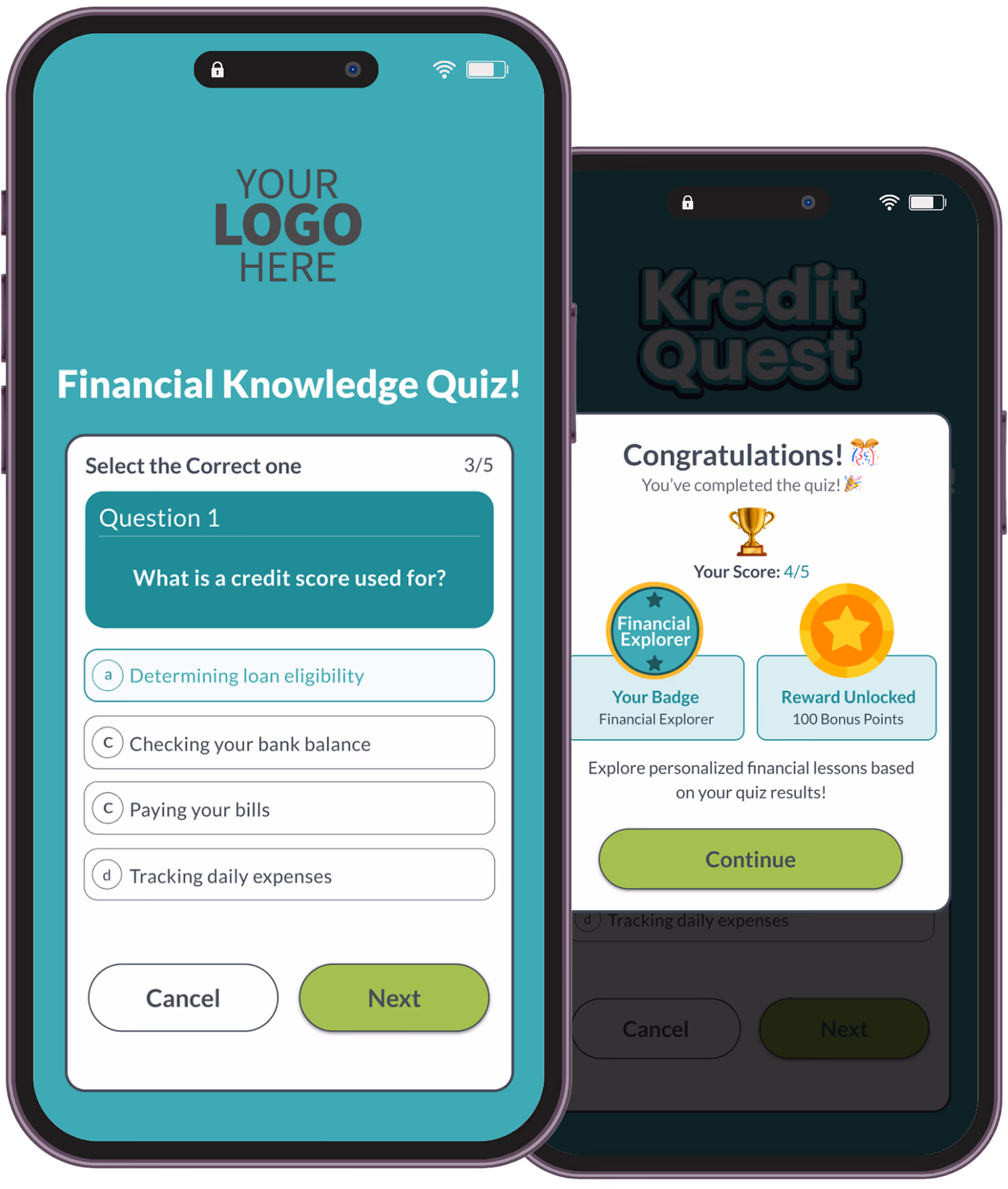 Two mobile phones display a financial knowledge quiz app: the front phone shows a quiz question asking what a credit score is used for with multiple-choice answers and navigation buttons; the back phone shows a congratulatory message with score, badge, reward, and a continue button.