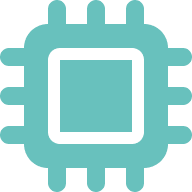 Icon of a computer microchip or processor with a central square and pins extending outward.