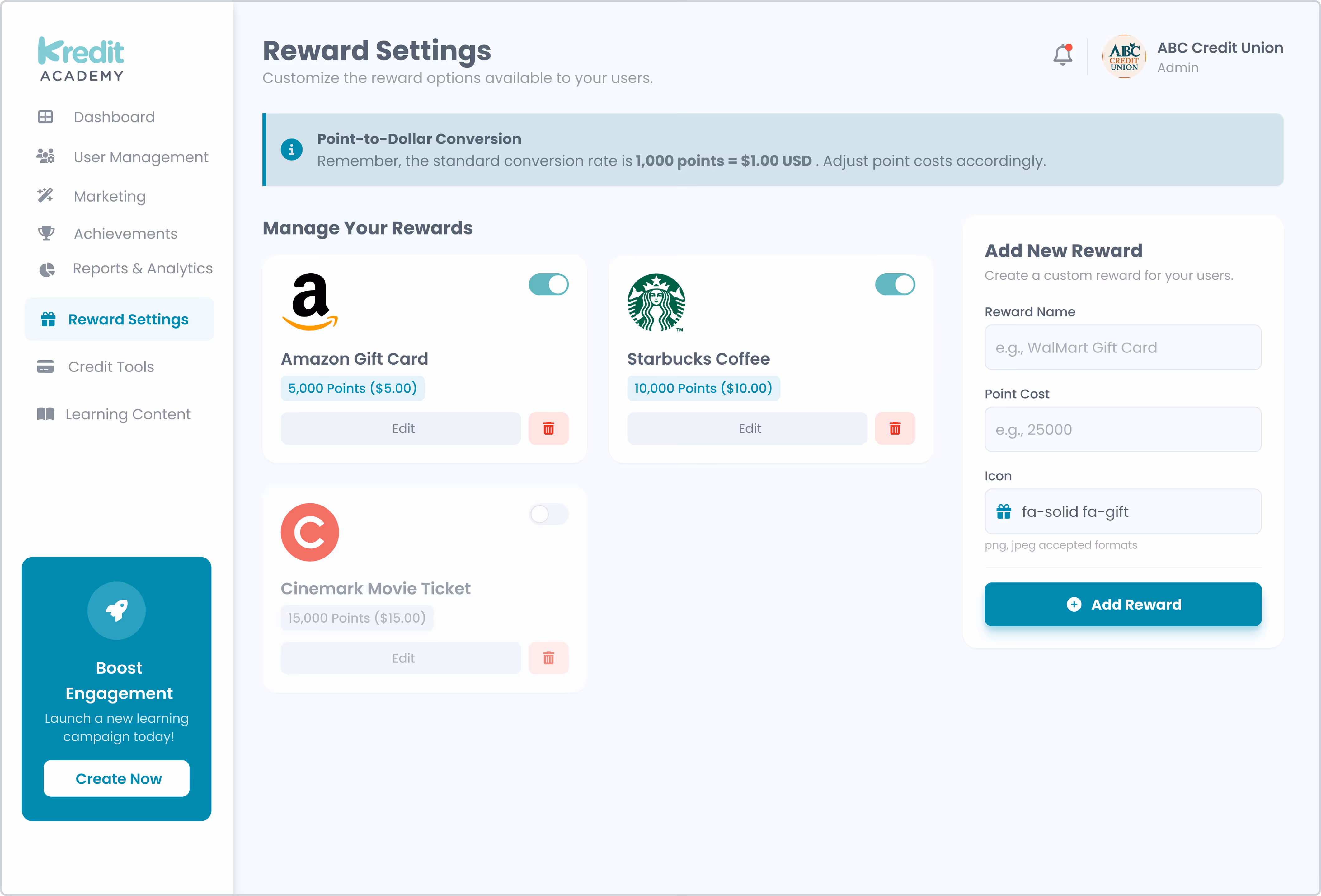 Kredit Academy Reward Settings page showing enabled Amazon Gift Card for 5,000 points ($5), Starbucks Coffee for 10,000 points ($10), and disabled Cinemark Movie Ticket for 15,000 points ($15), with options to edit or delete rewards and a form to add new rewards.