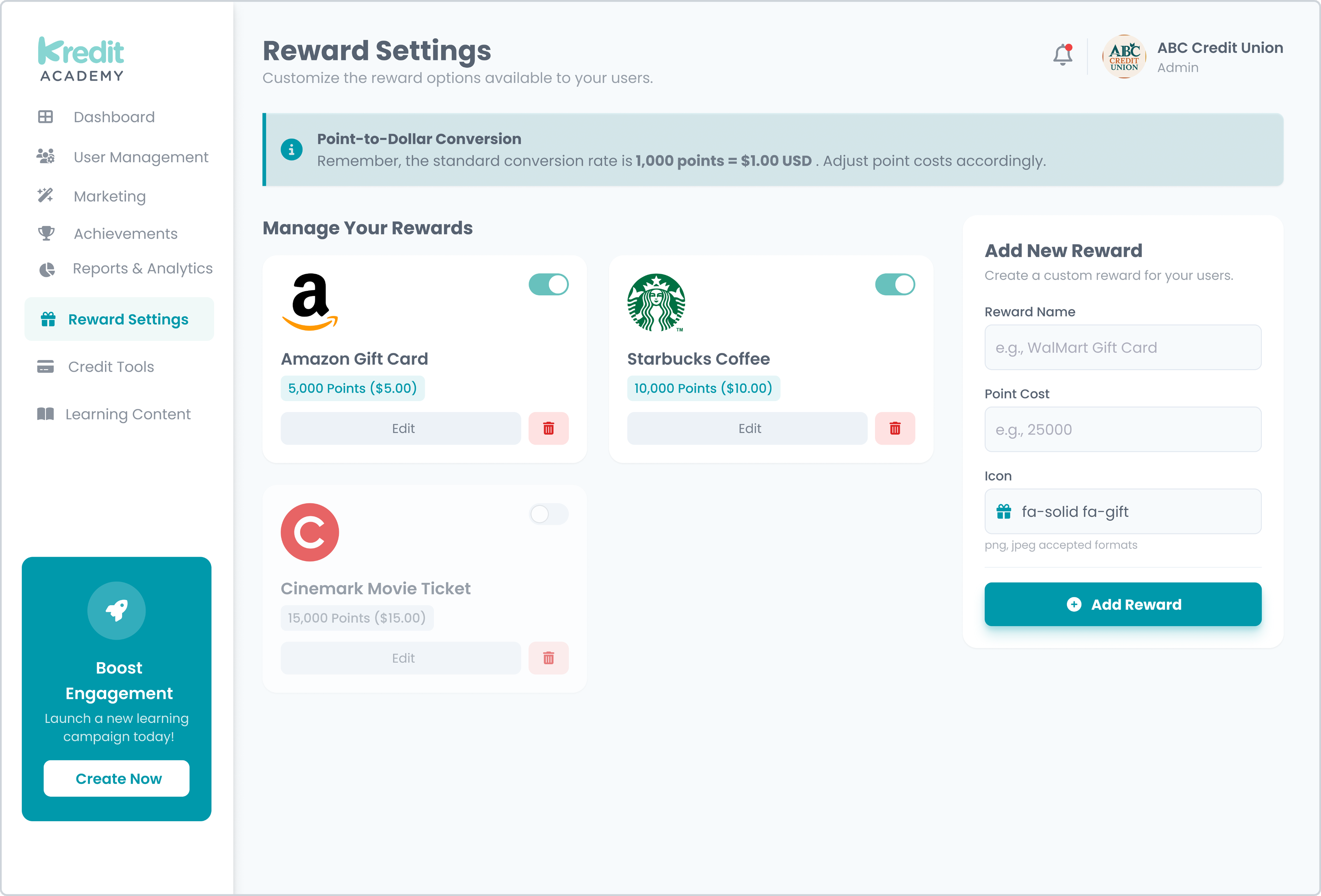 Kredit Academy Reward Settings page showing enabled Amazon Gift Card for 5,000 points ($5), Starbucks Coffee for 10,000 points ($10), and disabled Cinemark Movie Ticket for 15,000 points ($15), with options to edit or delete rewards and a form to add new rewards.