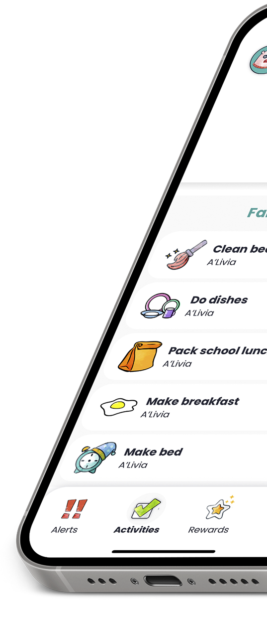 Smartphone screen displaying a task list with icons for cleaning bed, doing dishes, packing school lunch, making breakfast, and making bed, all assigned to Livia; navigation bar icons labeled Alerts, Activities, and Rewards.