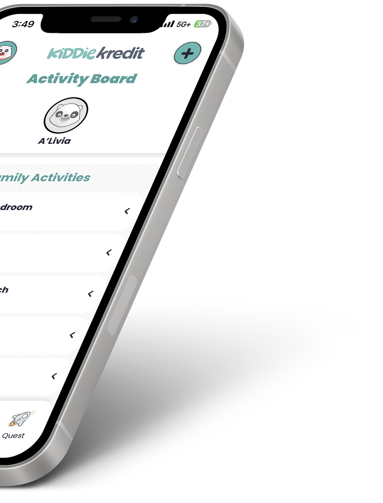 Smartphone screen showing Kiddie Kredit app Activity Board for user A'Livia with a list of family activities.