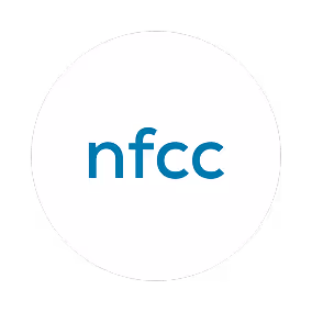 Blue lowercase letters 'nfcc' centered inside a white circle on a black background.