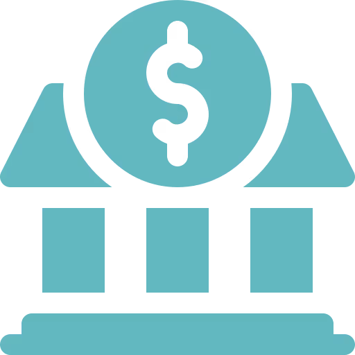 Icon of a bank building with a dollar sign above it.
